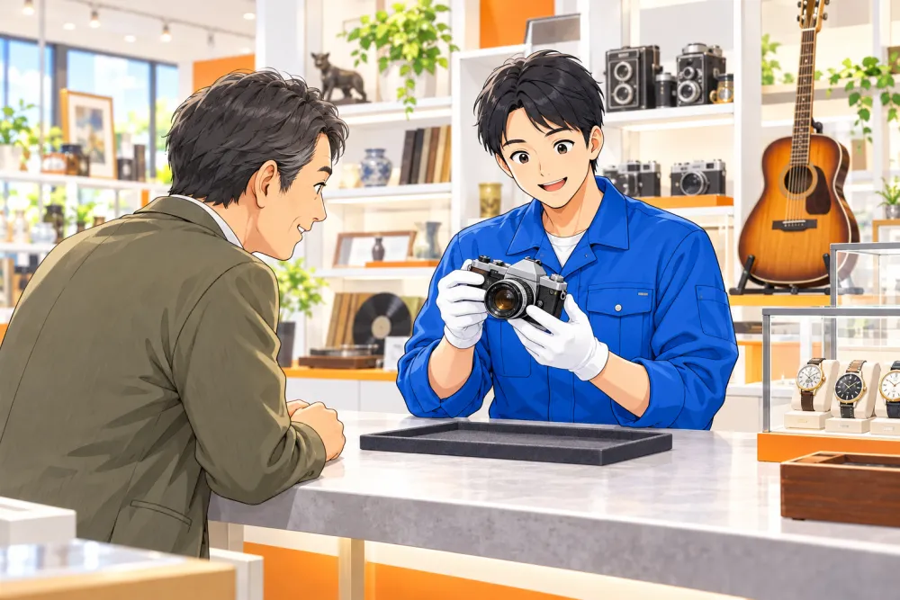 査定カウンターでカメラの状態を確認するスタッフとお客様のイメージ