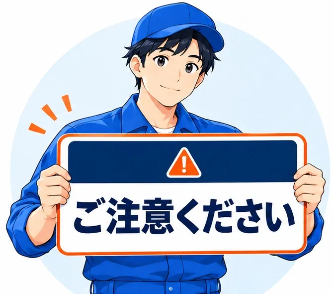 「ご注意ください」の看板を持つスタッフのイラスト
