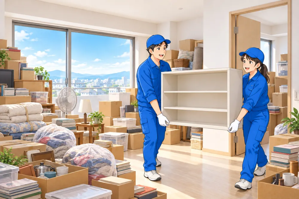 家具や段ボール、生活用品の多い部屋をまとめて片付けるスタッフのイメージ
