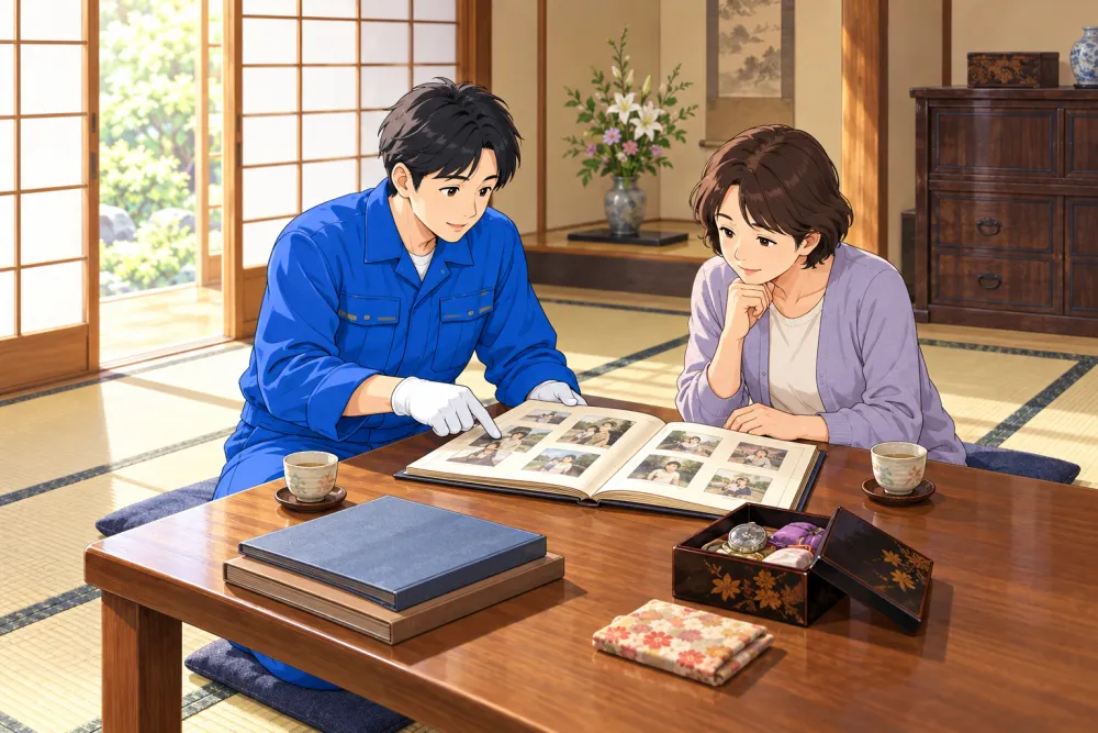 和室でご家族と写真や思い出の品を確認する遺品整理のイメージ