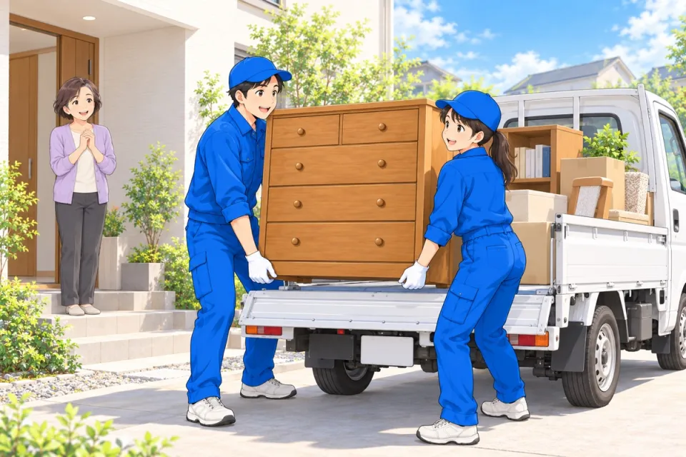 スタッフがタンスを搬出して軽トラックに積み込むイメージ