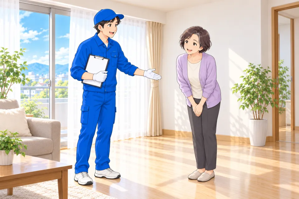 片付いた部屋で、スタッフとお客様が仕上がりを確認するイメージ