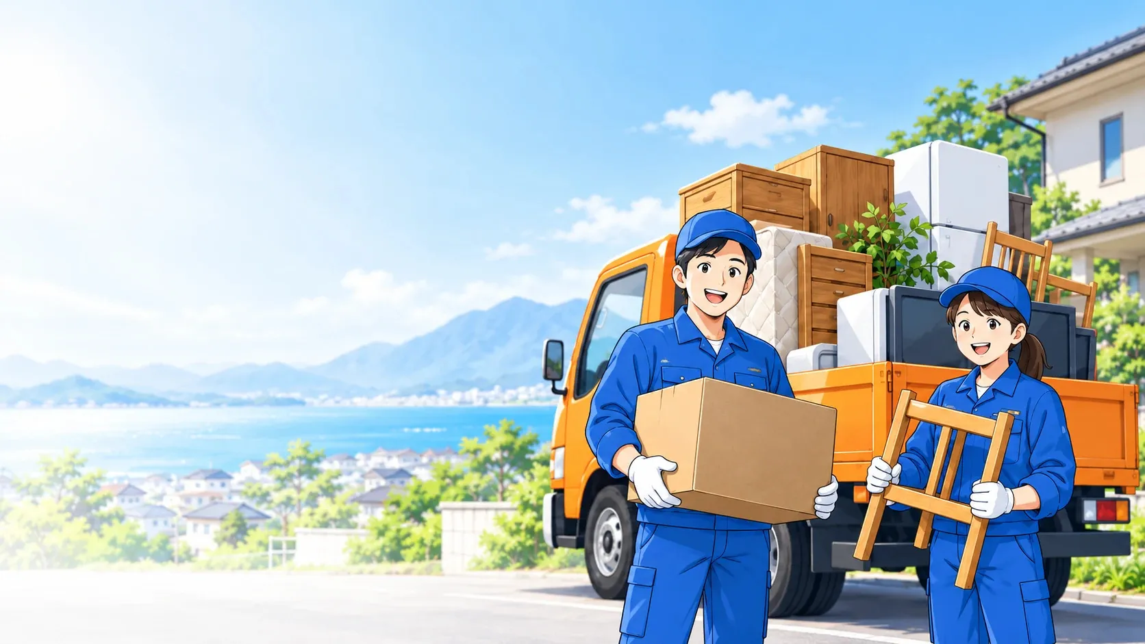 青い制服のスタッフが家具と荷物を運ぶイメージ