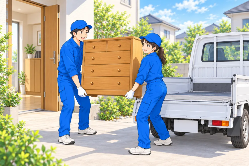 一軒家の1階から、玄関のすぐ前の軽トラックへタンスを積み込むスタッフのイラスト