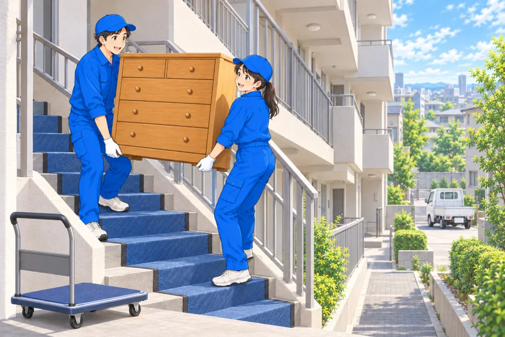 エレベーターのないマンションの階段で、養生をしながらタンスを運び下ろすスタッフのイラスト