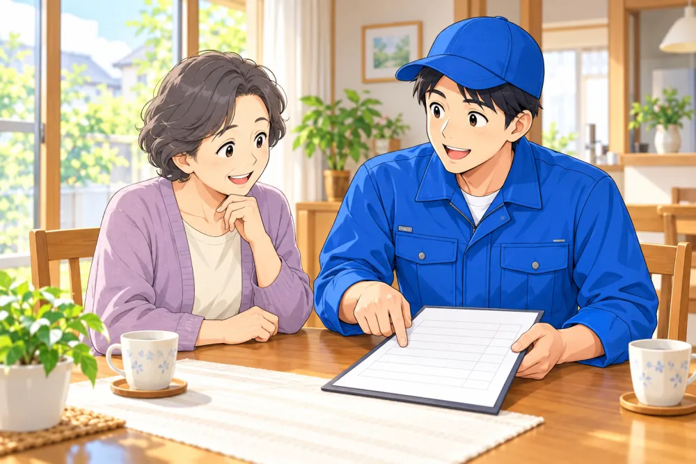 ご依頼内容をお客様と確認し、料金について丁寧に説明するイメージ
