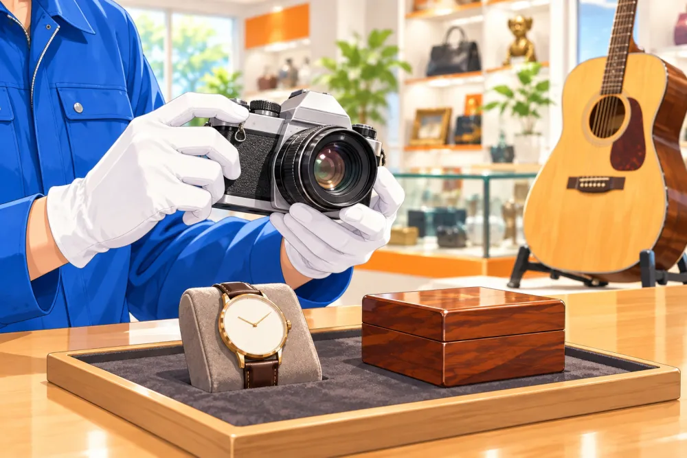 カメラや時計などの品物を丁寧に査定するイメージ