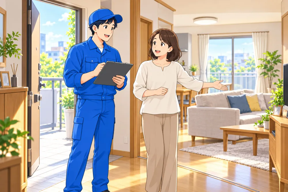 訪問先で品物を確認し、お客様のお話を伺う見積もりのイメージ
